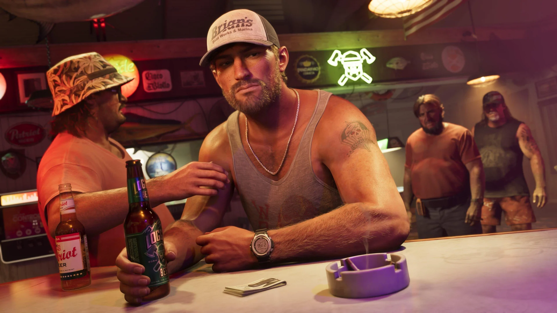 Jason at a marina bar in a cap and vest, leaning on the counter with a drinker beside him and two men talking further down the room